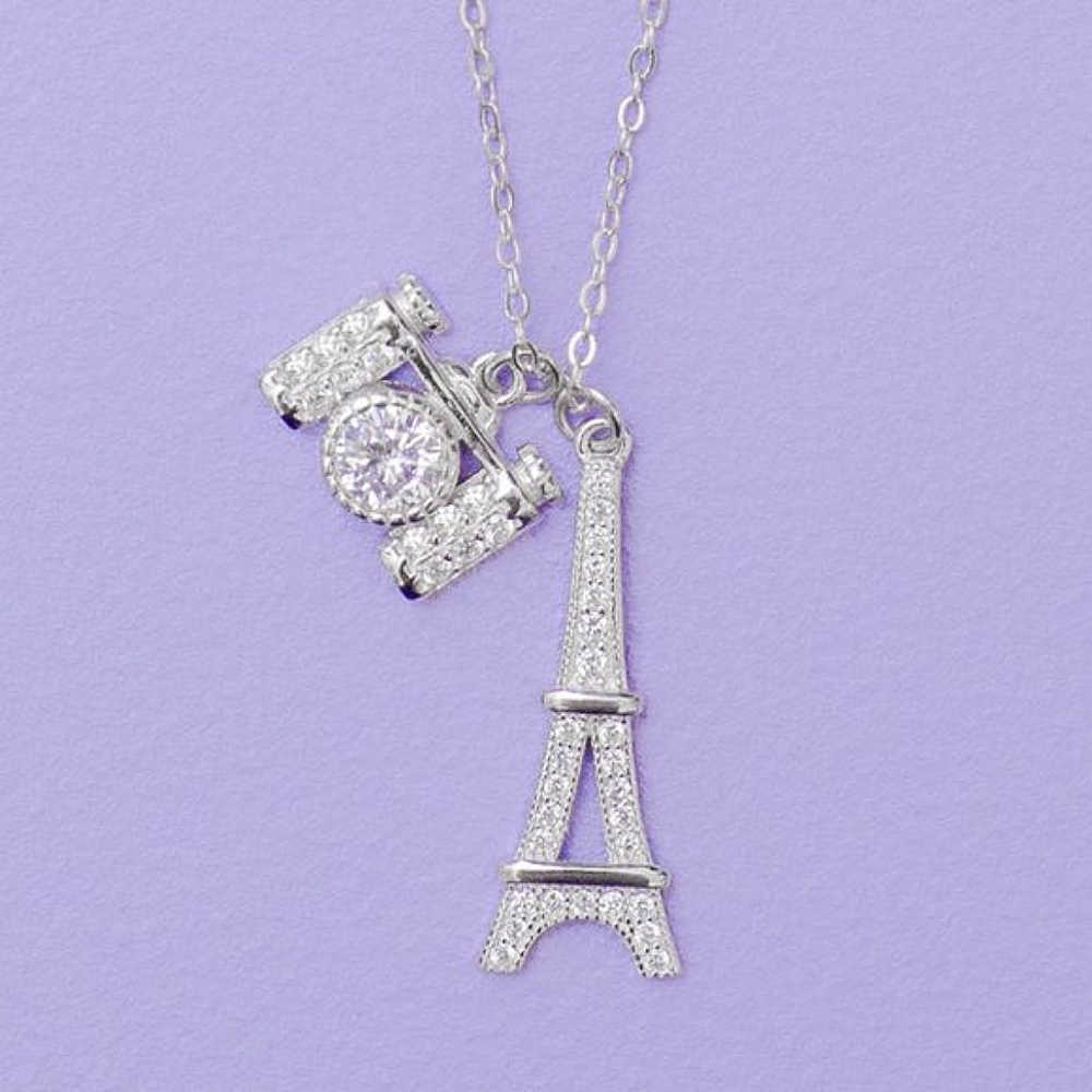 Paris Eiffel Tower and Camera Necklace, 925 Sterling Silver